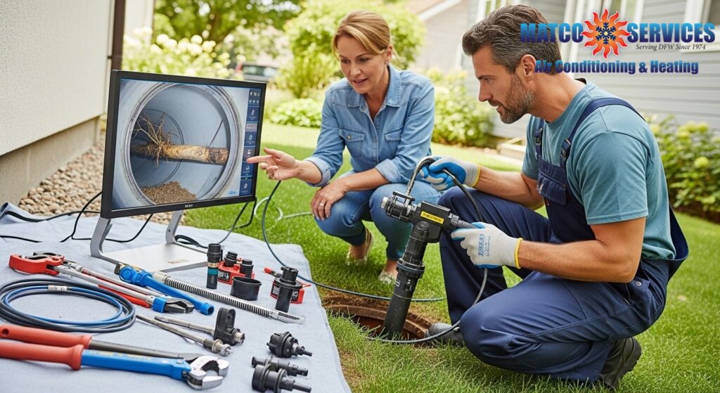 Professional plumber using modern camera inspection equipment