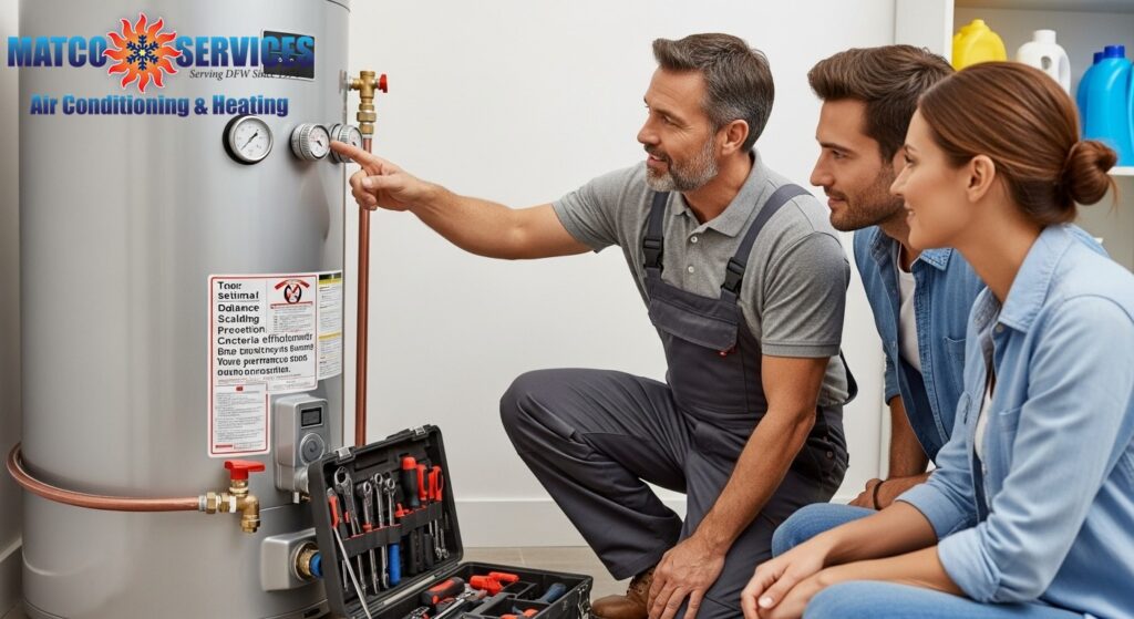 Experienced plumber adjusting and explaining proper water heater temperature settings