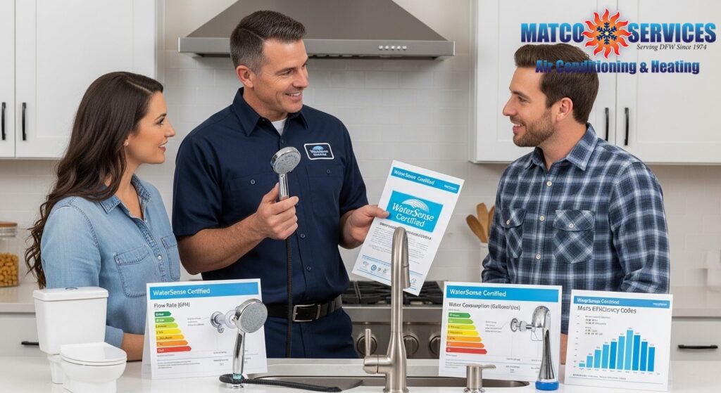 Knowledgeable plumber showing homeowners WaterSense certified fixtures that meet current efficiency codes