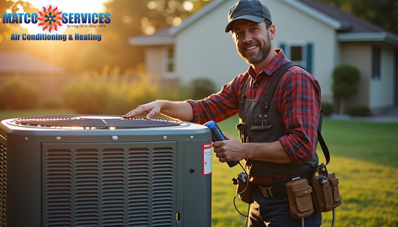 A friendly HVAC technician in a blue uniform, smiling while standing in front of a welcoming American suburban home.