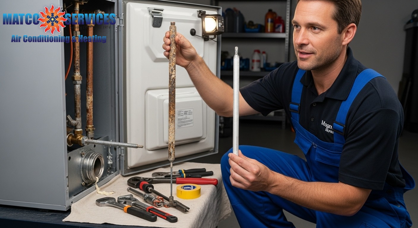 Skilled plumber extracting and showing a deteriorated anode rod